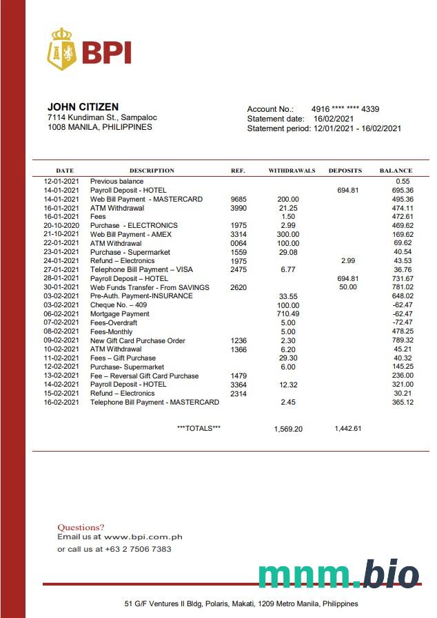 Philippines Bank Of The Philippine Islands wzór wyciągu bankowego w formacie Word i PDF
